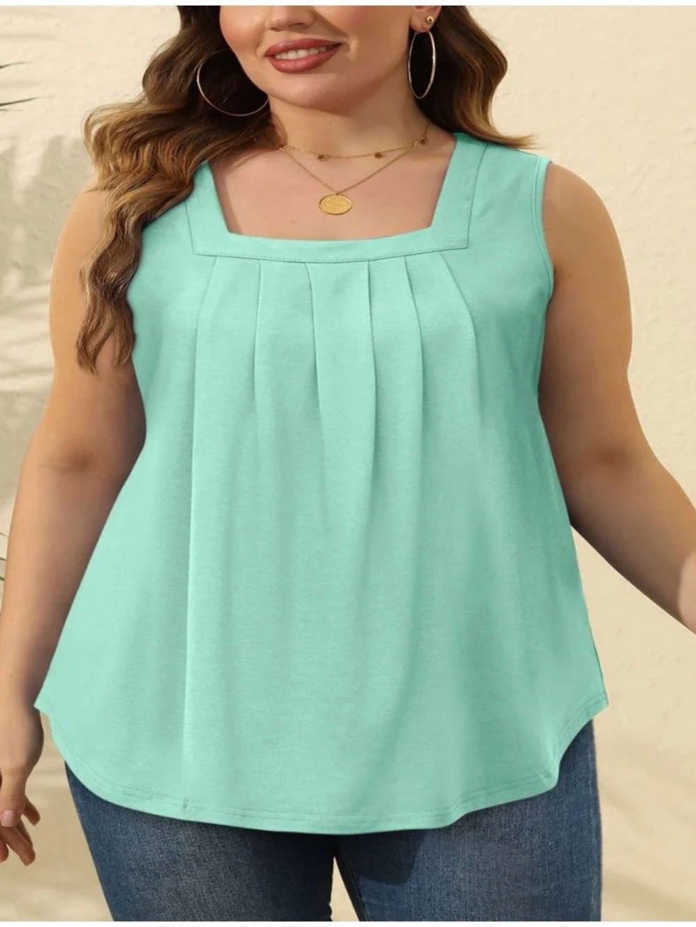 2/$20 / 4X - Sleeveless Square Neck Pleated Tank Top - Mint Green